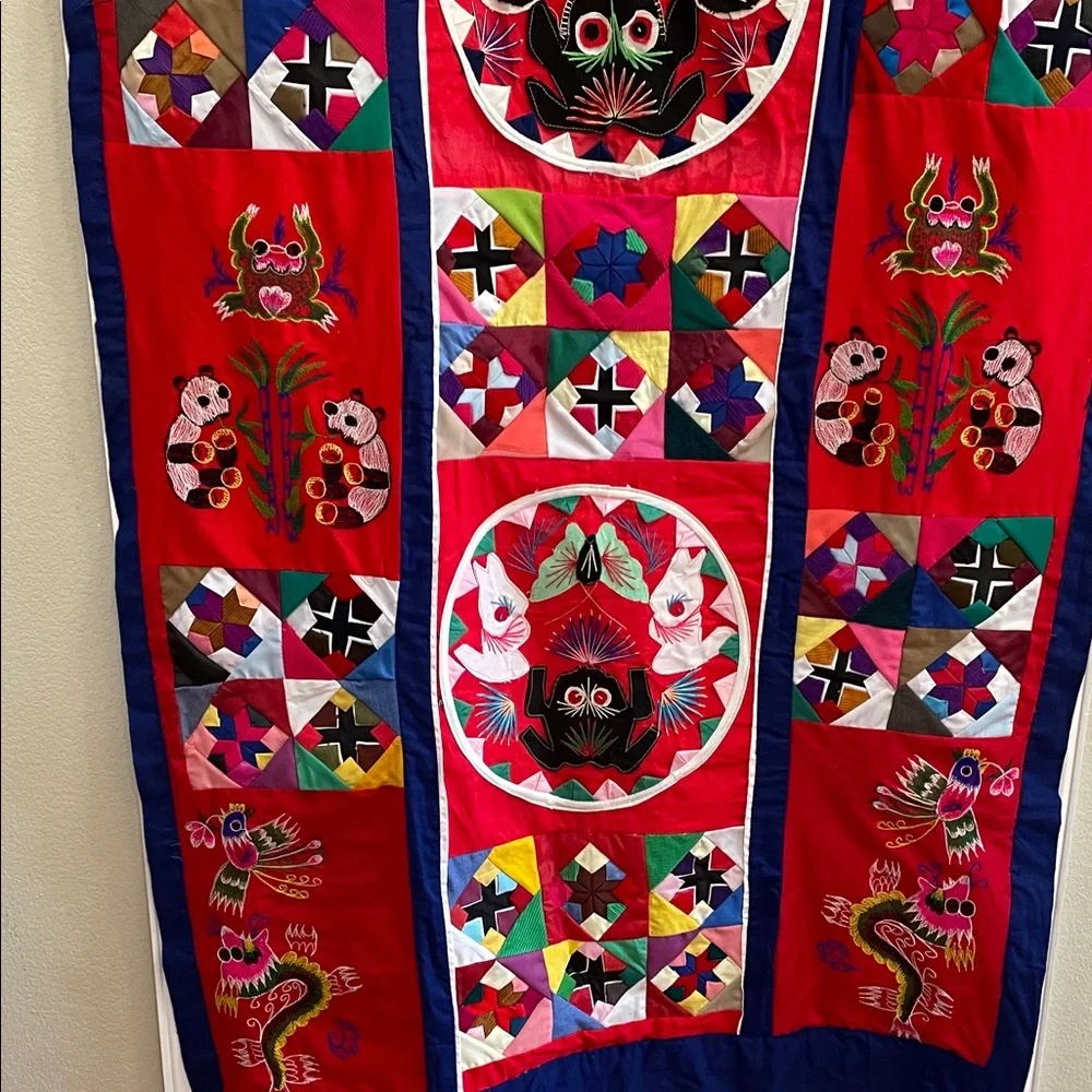 Colorful Patchwork Tapestry with Dragon and Panda Embroidered Design